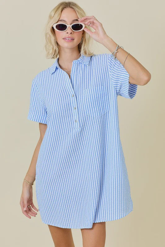 Striped Seersucker Easy Shirt Dress W/Pockets