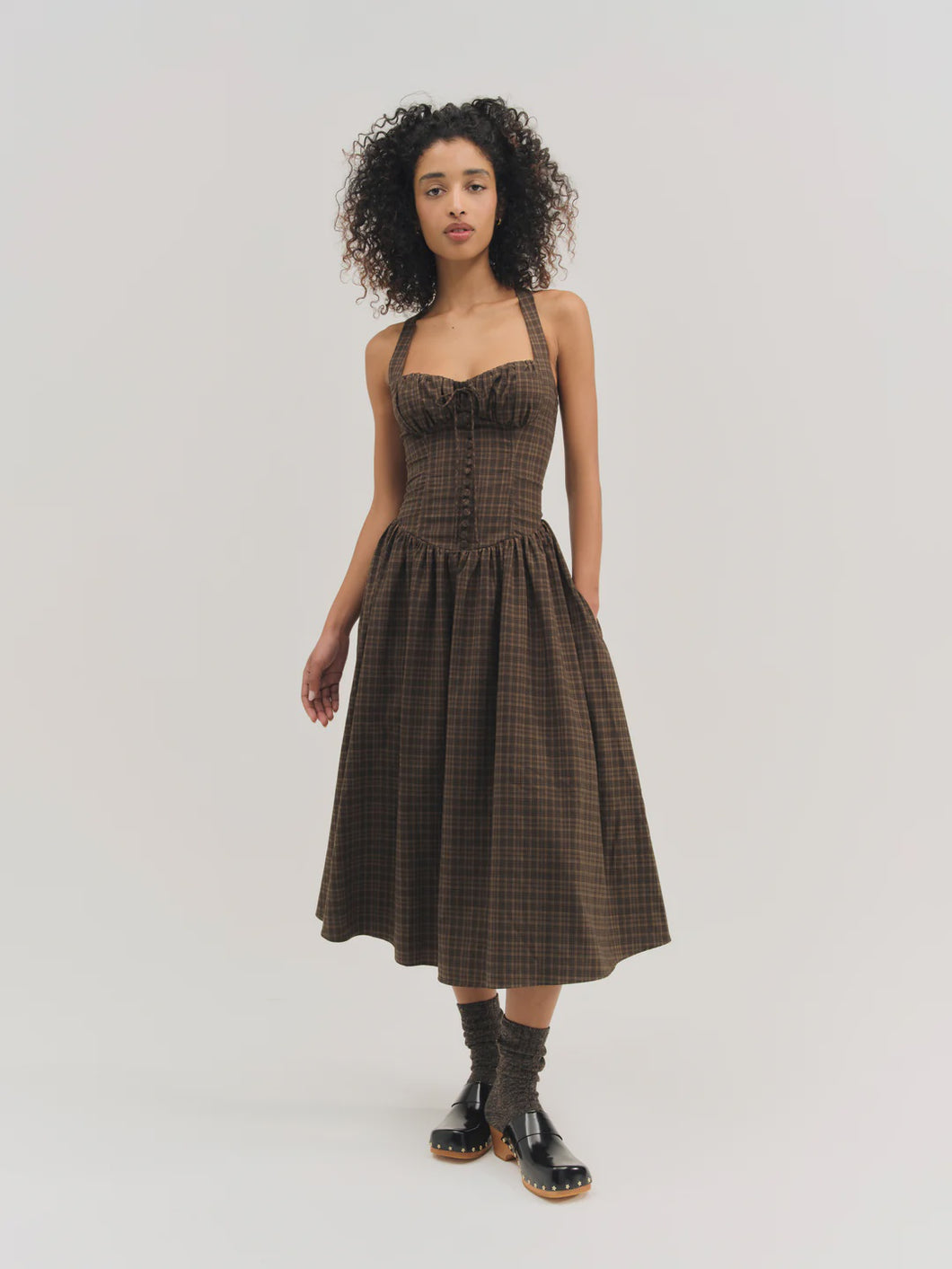 For Love & Lemons University Plaid Midi Dress / Brown