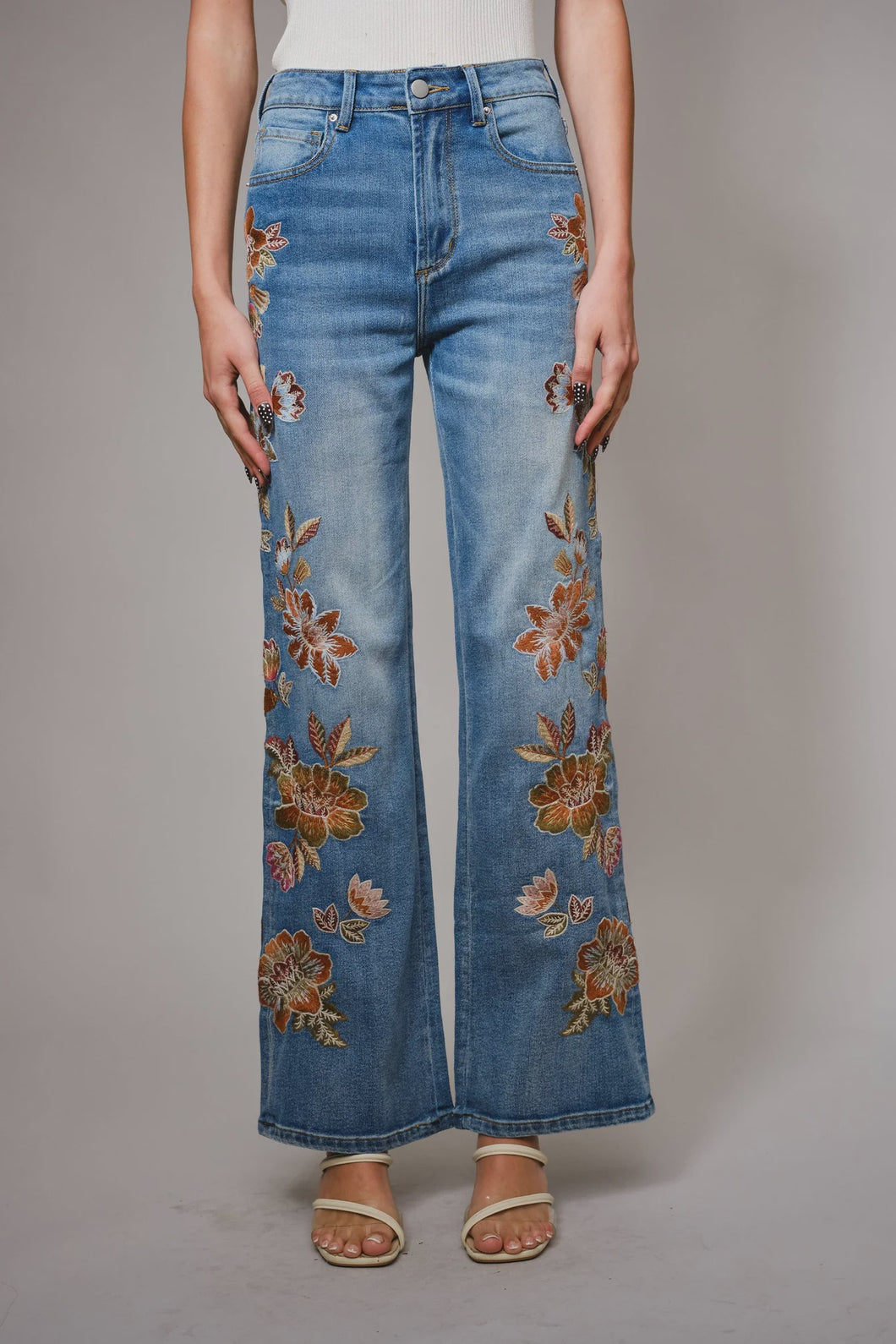 Blue B Flower Embroidery High Waist Flare Jean