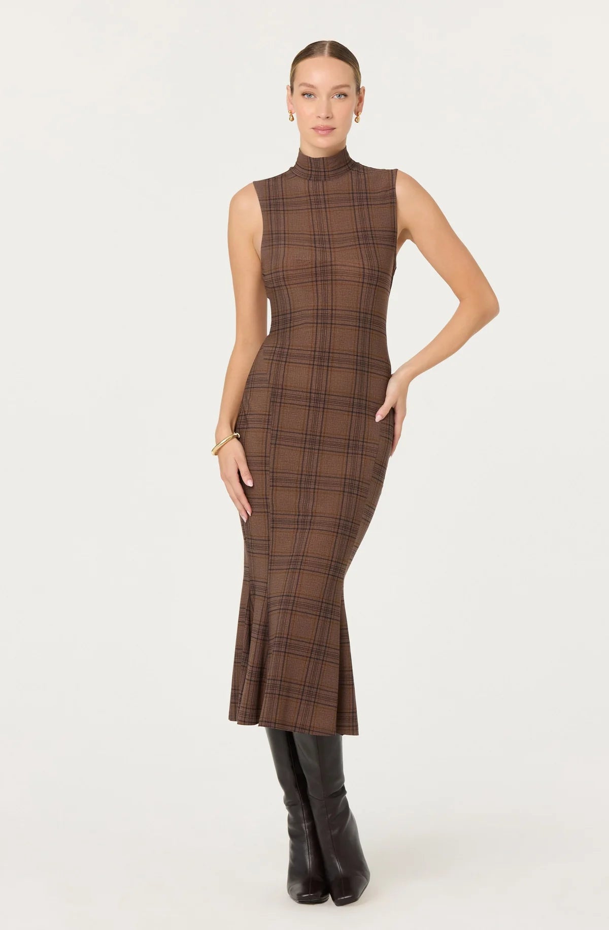 ASTR the Label | Leigha Mock-Neck Plaid Midi Dress in Brown Plaid