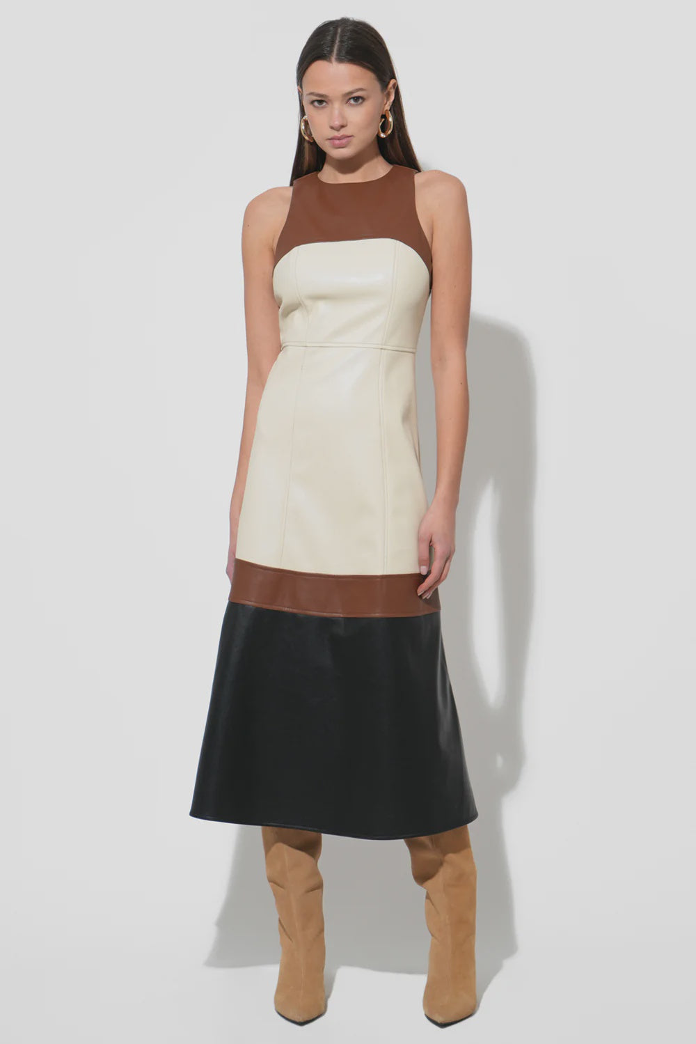 Adelyn Rae Caspia Vegan Leather Colorblock Midi Dress / Brown Multi