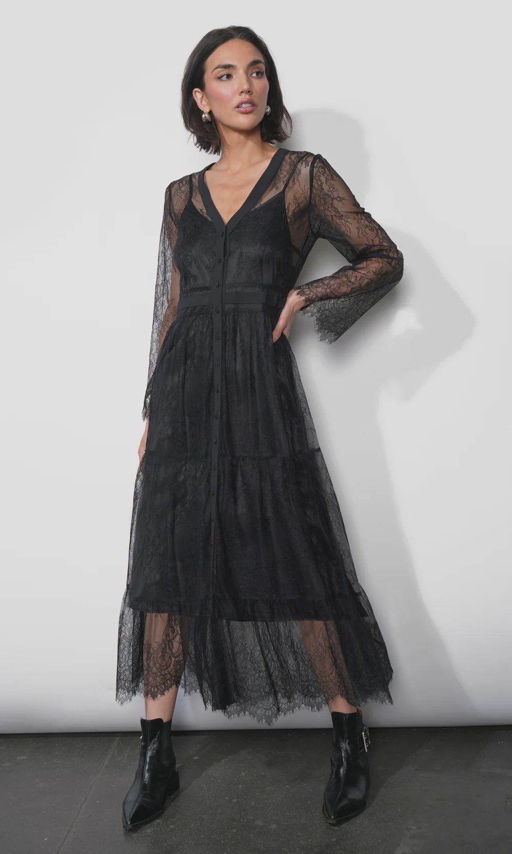 Greylin Emma Button Up Lace Tiered Maxi Dress