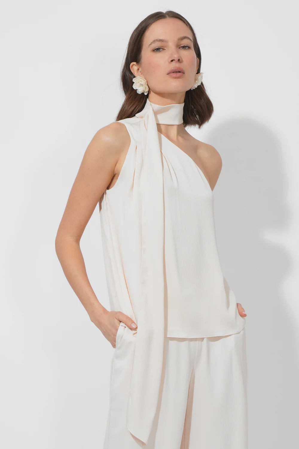 Adelyn Rae Lisette Scarf One Shoulder Top / Ecru