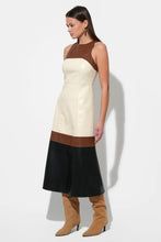 Load image into Gallery viewer, Adelyn Rae Caspia Vegan Leather Colorblock Midi Dress / Brown Multi
