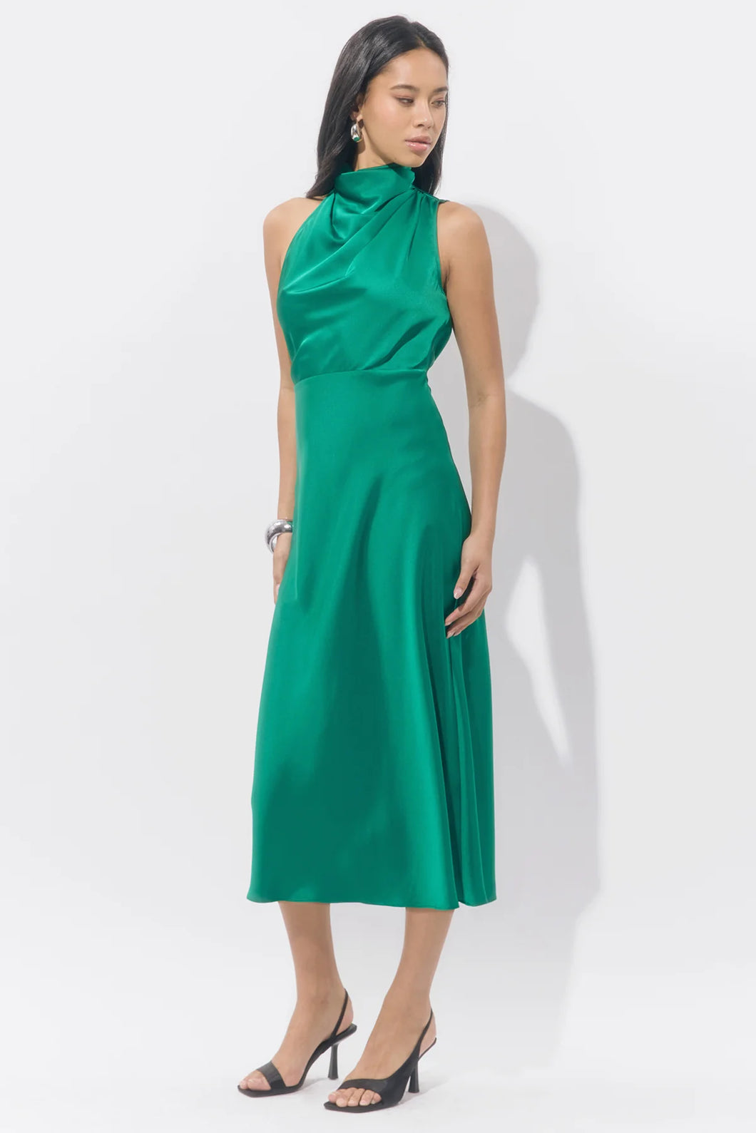Adelyn Rae Jodie High Neck Satin Dress / Emerald