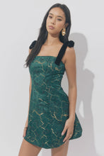 Load image into Gallery viewer, Adelyn Rae Hannah Burnout Shoulder Tie Dress / Emerald/Gold
