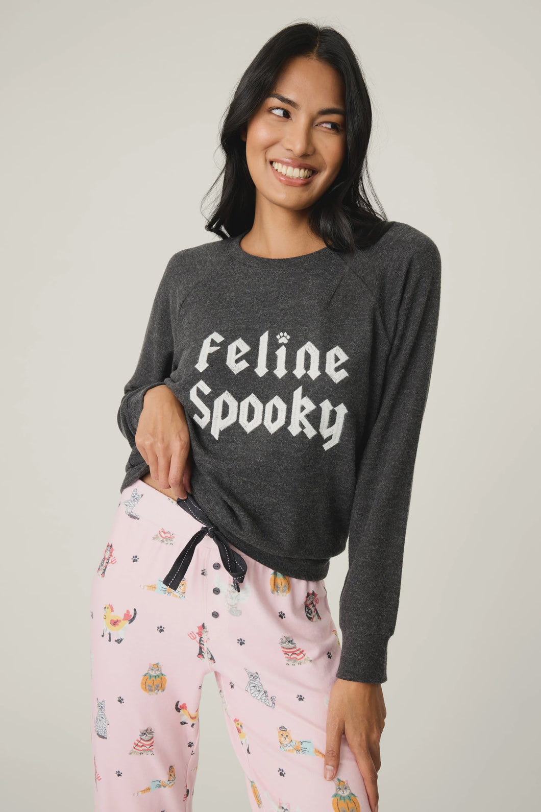 P.J. Salvage Feline Spooky Graphic Fleece Sweatshirt / H Slate