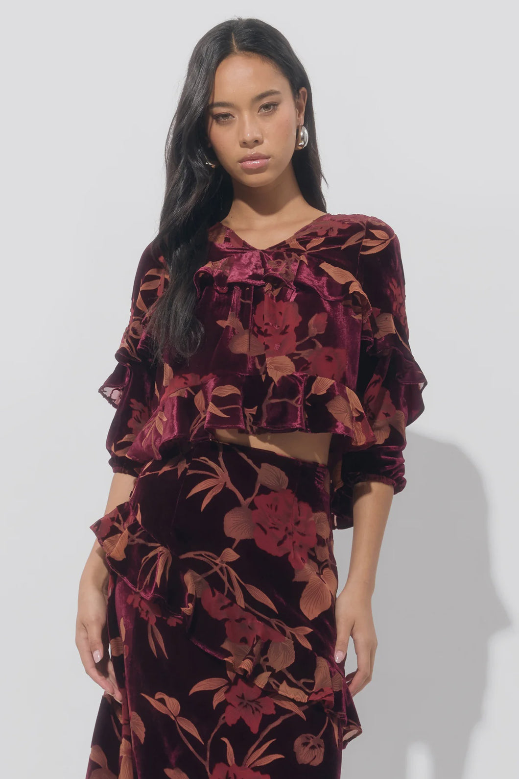 Adelyn Rae Reese V Neck Flutter Sleeve Velvet Burnout Top / Burgundy