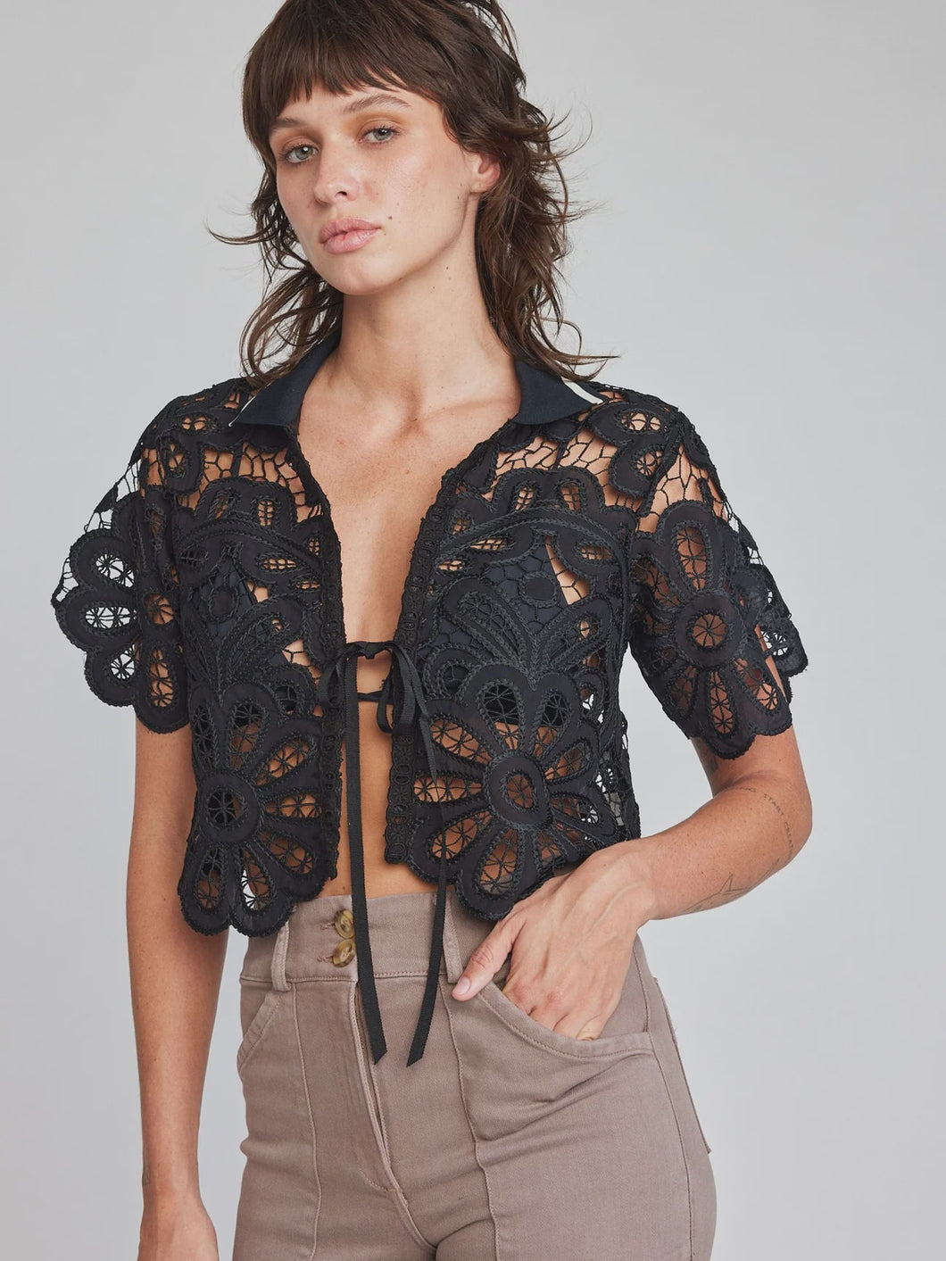 Self Contrast Emaline Open Tie Crop Top