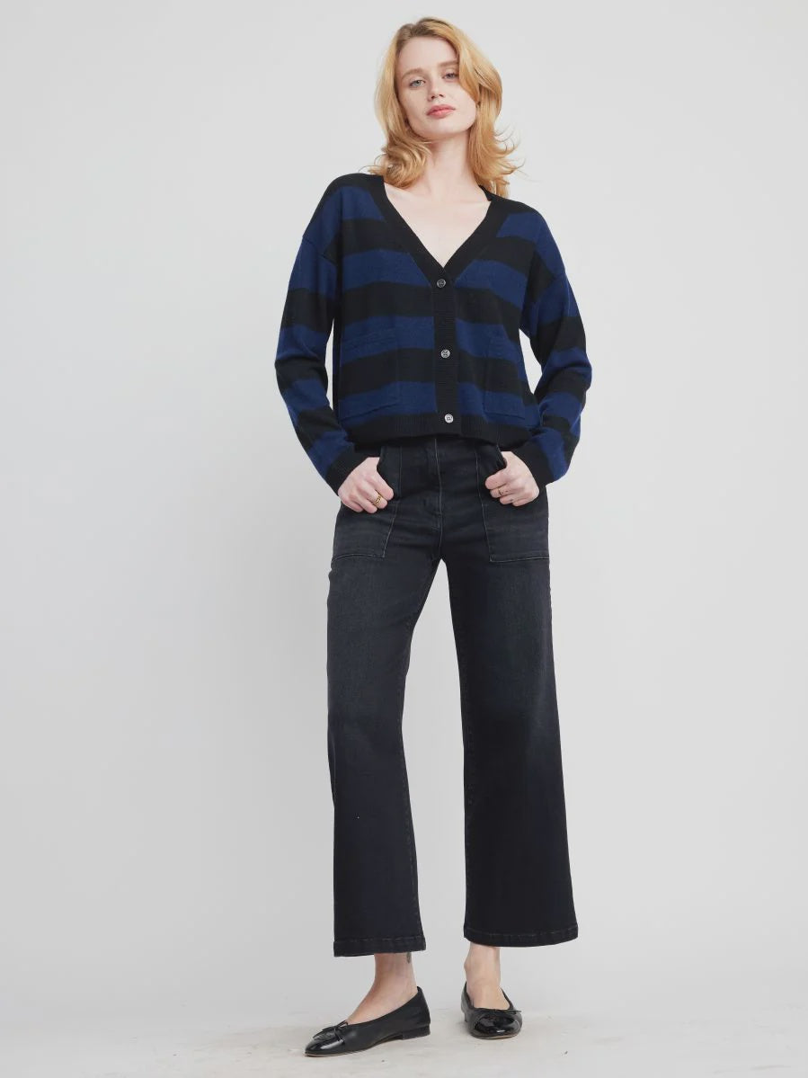 Self Contrast Skye Cashmere Cardigan / Marine Black Stripes