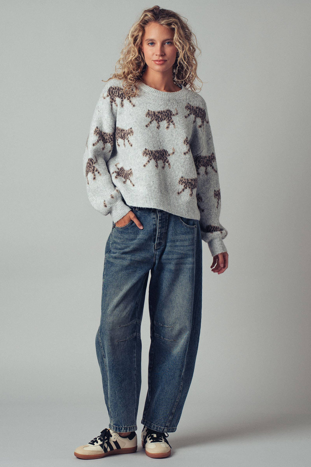 Playful Leopard Knit Crewneck Sweater / Mocha