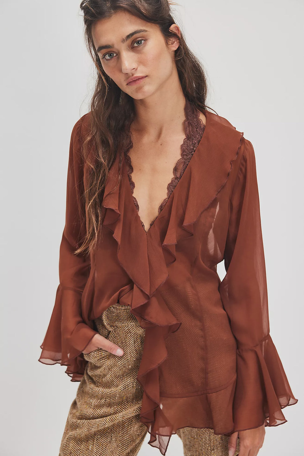 Free People Bali Tulula Chiffon Blouse / Brown
