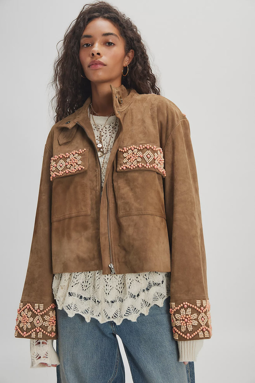 Free People Bali Fading Moon Suede Jacket / Olive Brown